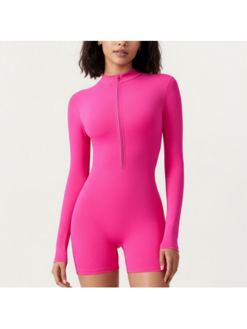 Neon Pink Long Sleeve Zip-Front Romper NWOT Size L